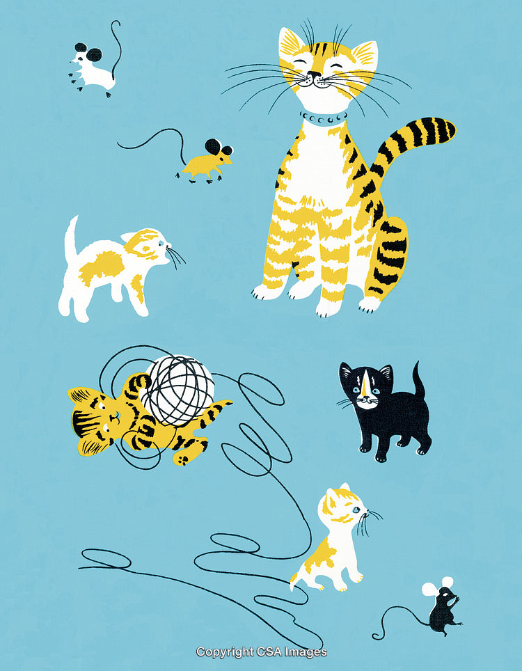 Playful Cats and Mice Illustration on a Blue Background