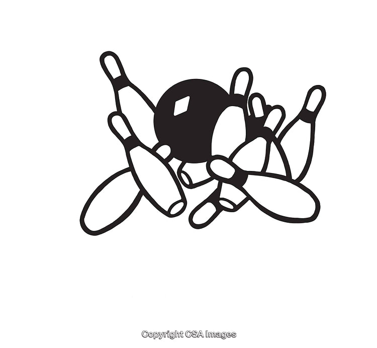 Line Art Illustration of Bowling Ball Striking Pins in Black and White