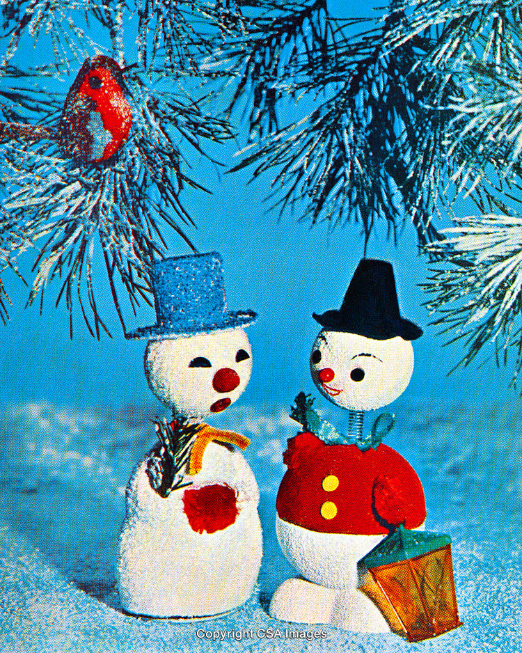Colorful Snowman Figures with Robin Amidst Holiday Scenery and Snowy Pine Branches