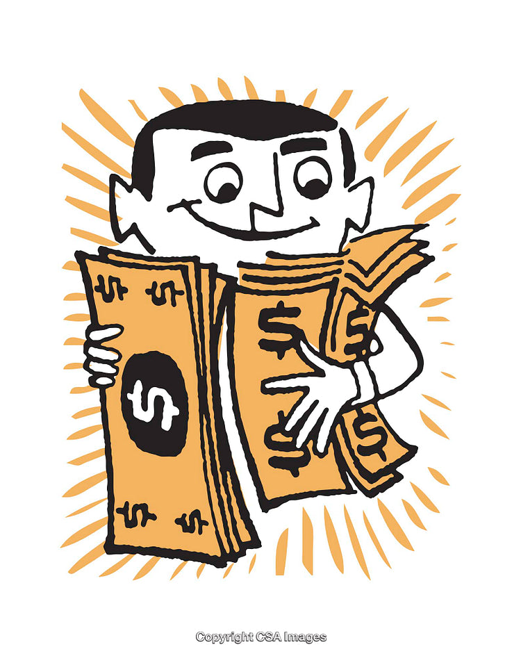 Cheerful Cartoon of Man Holding a Stack of Money Bills