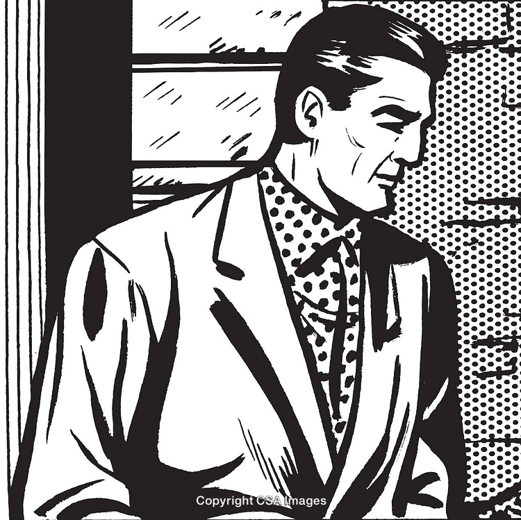 Retro Illustration of a Man in a Suit Expressing Confidentiality and Mystery