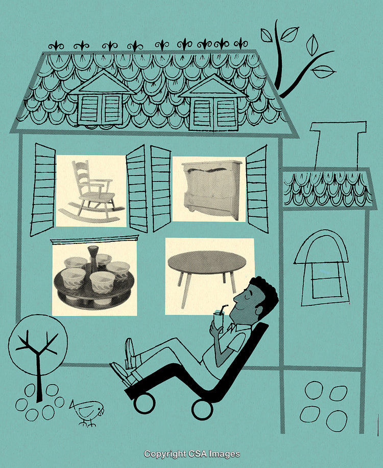Illustrated Relaxation Scene with Furniture Drawings and Decorative Home Theme