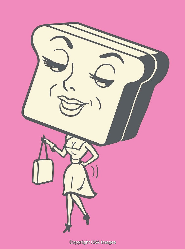 Vintage Comic Bread Woman Character on Pink Background