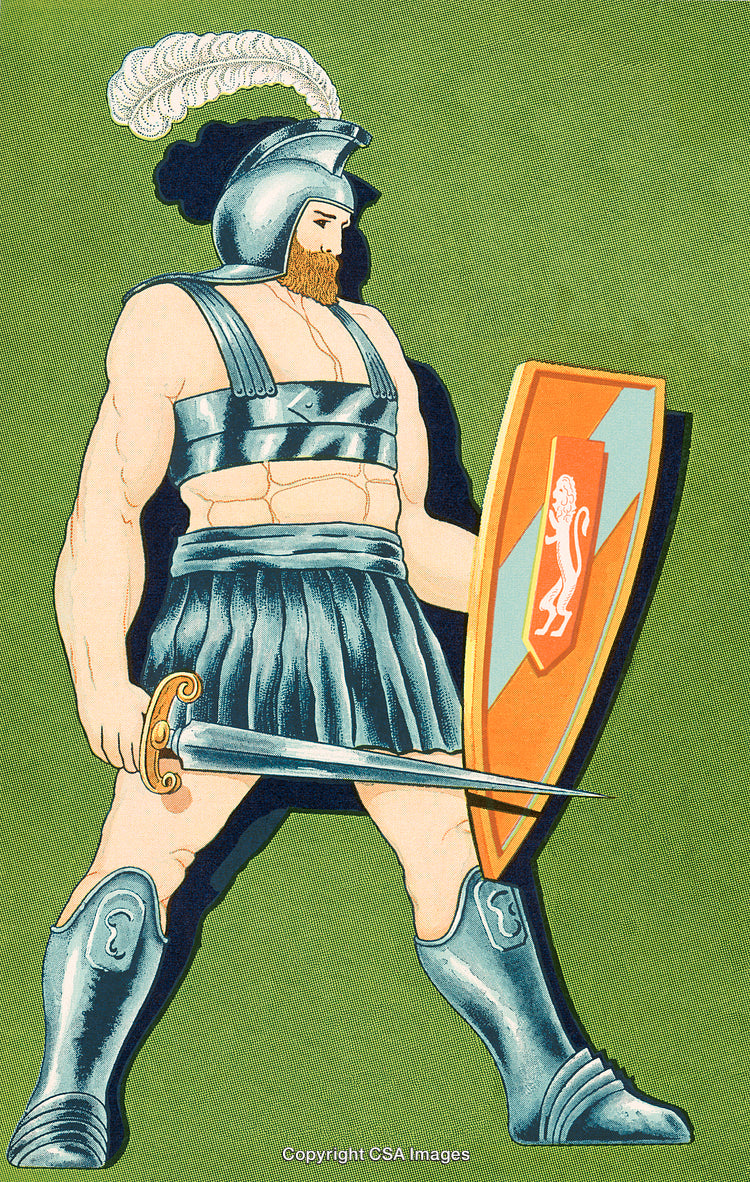 Cartoon Illustration of a Brave Warrior in Full Armor with Sword and Shield