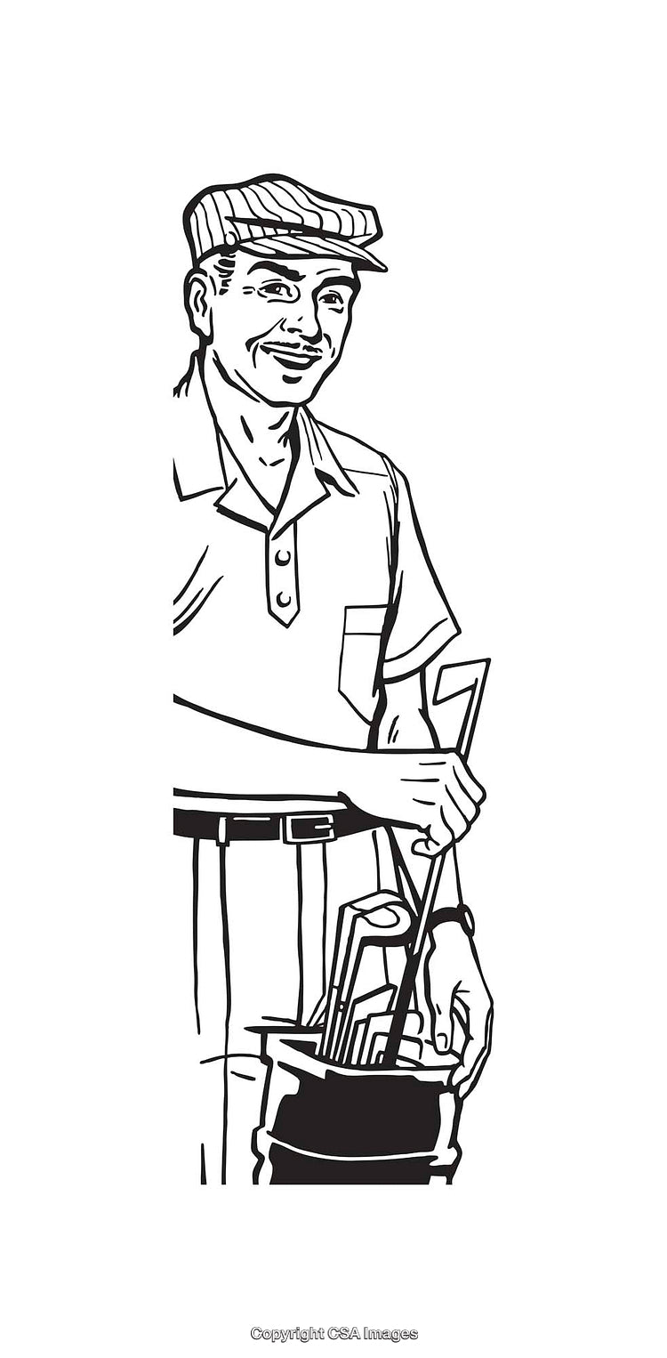 Black and White Line Art Illustration of a Smiling Man with Golf Equipment