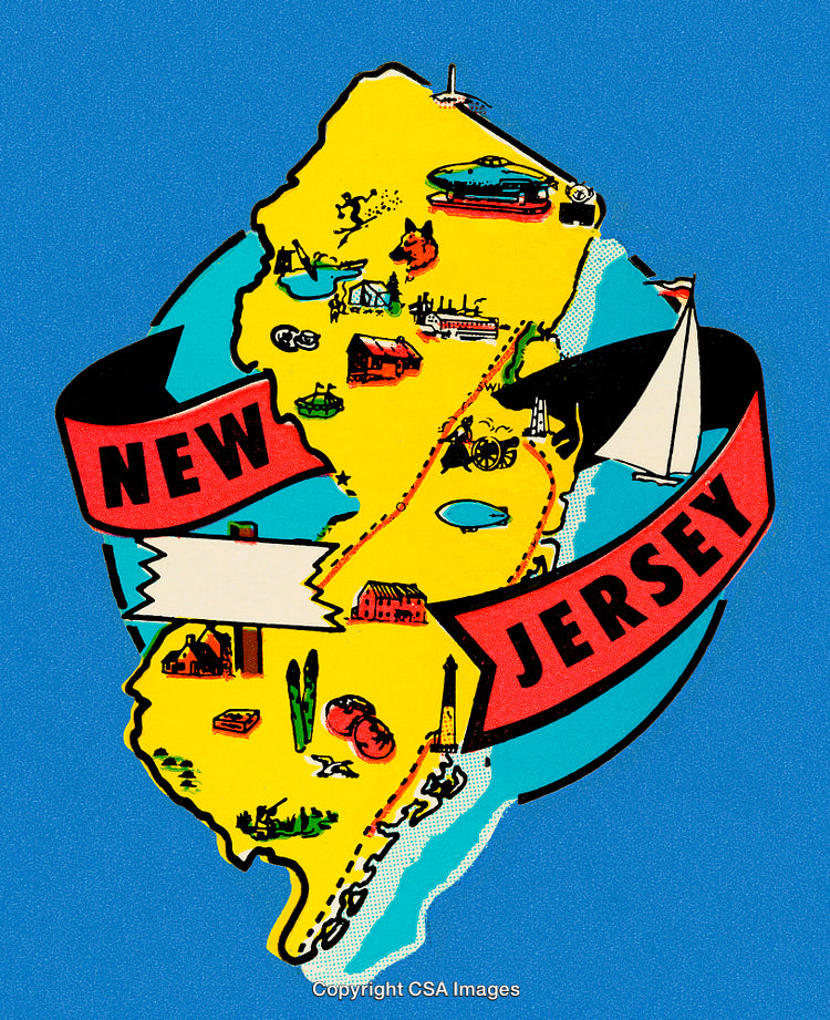 Vintage Map Illustration of New Jersey Showing Unique Regional Icons and Attractions