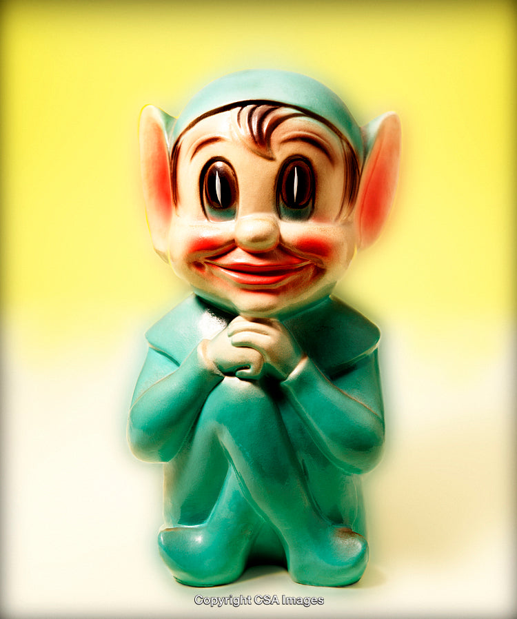 Cheerful Blue Elf Figurine with Yellow Background