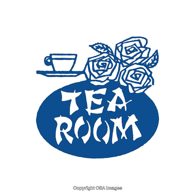 Elegant Blue Tea Room Logo with Roses and Teacup Illustration