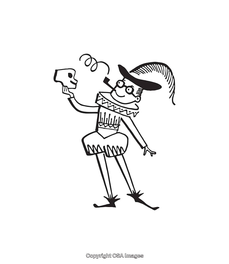 Playful Line Art of a Character Holding a Skull in Theatrical Style