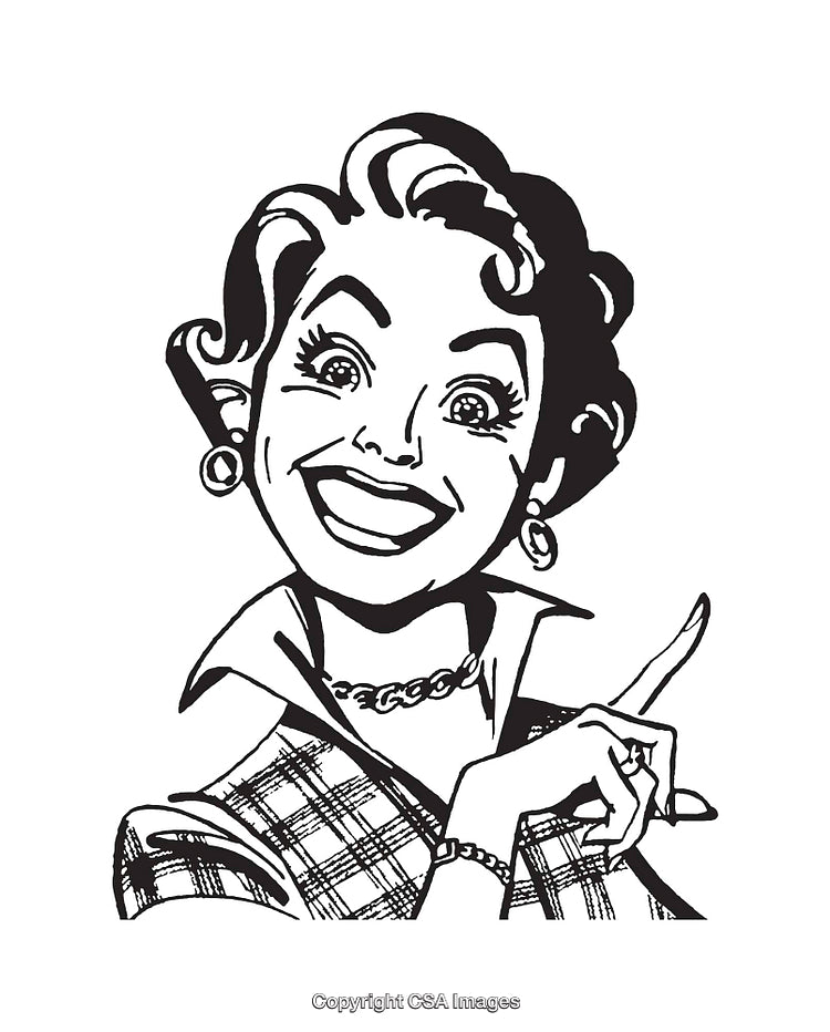 Cheerful Retro Style Illustration of a Smiling Woman in Black and White