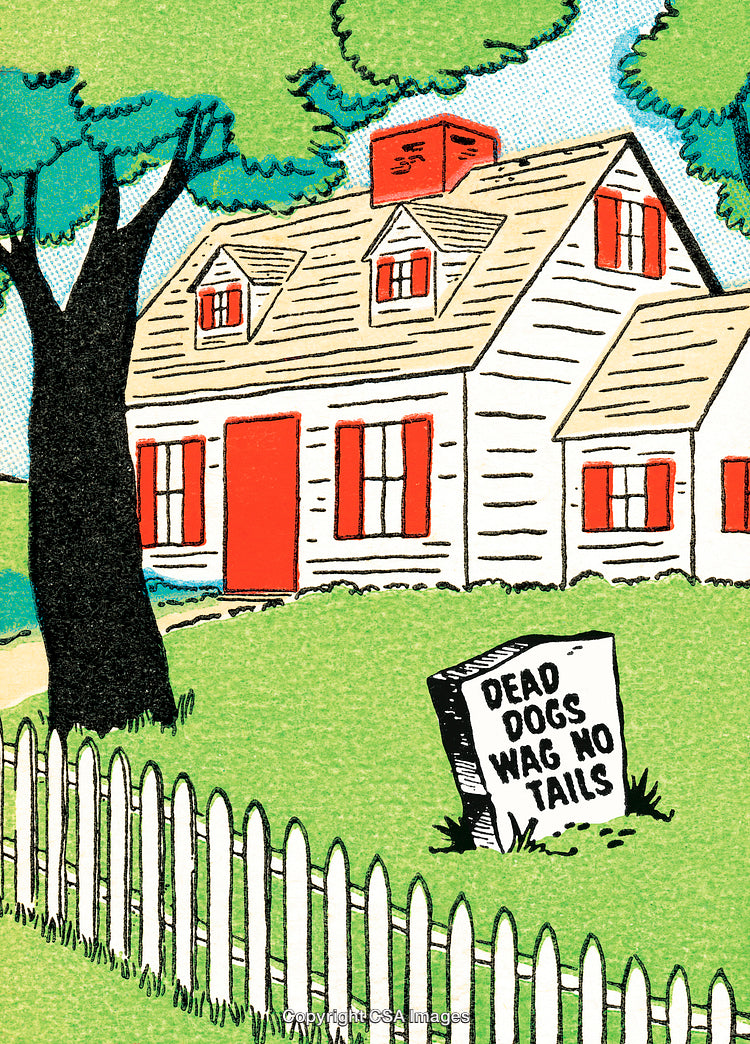 Colorful House Illustration with Eerie Tombstone and White Fence