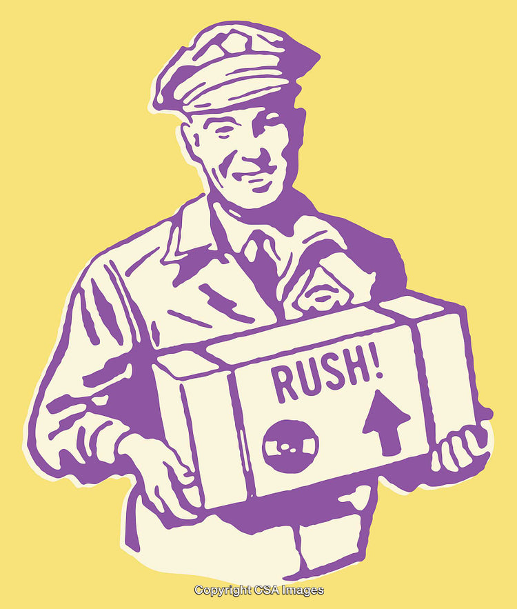 Retro Style Courier Holding Rush Delivery Package with Yellow Background