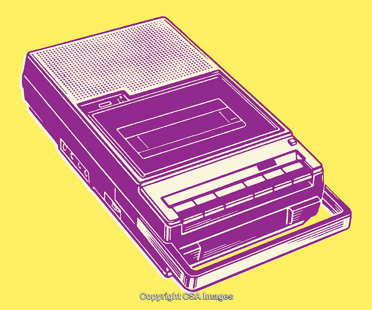 Stylized Illustration of Vintage Tape Recorder in Bold Yellow and Purple