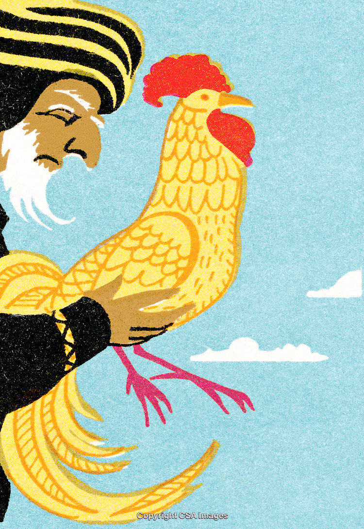 Illustration of a Man Holding a Golden Rooster in Artistic Style