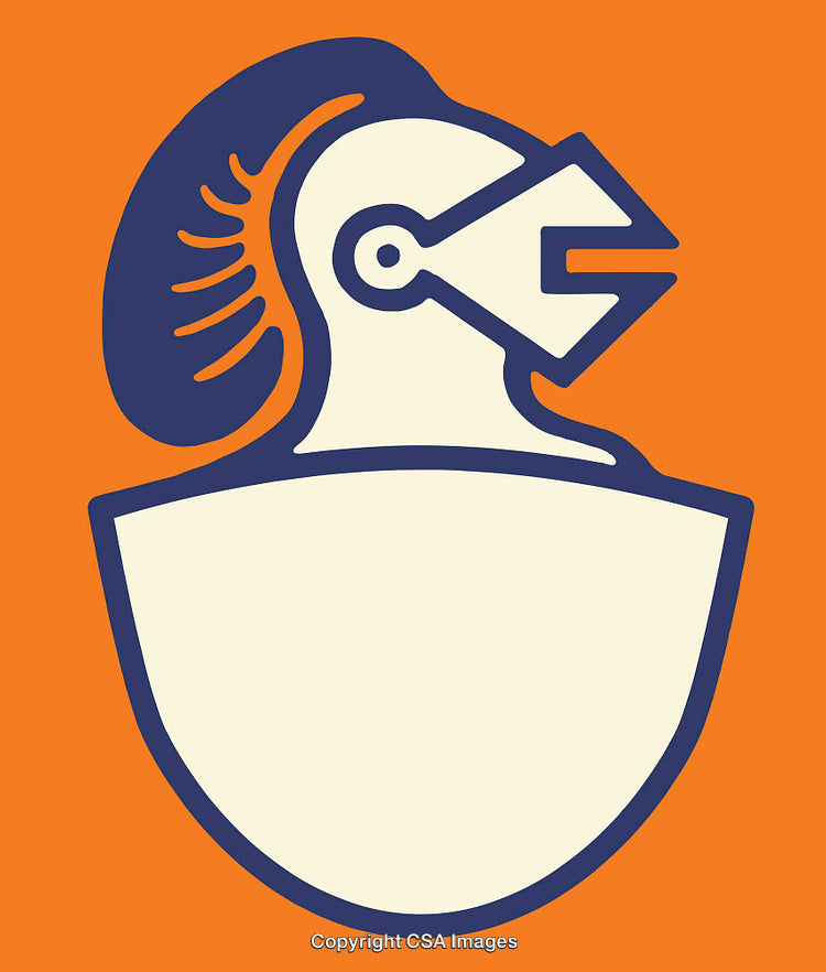Stylized Illustration of a Roman Helmet with Shield in Bold Colors