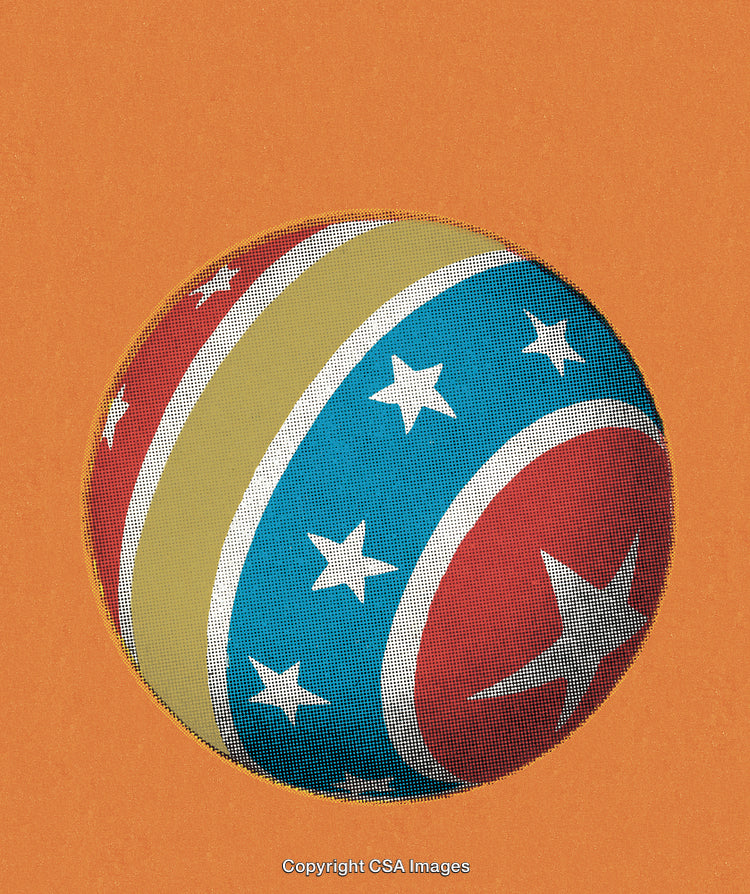 Retro Halftone Patterned Sphere with Stars on Orange Background