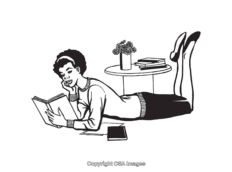 Black and White Illustration of a Woman Reading a Book Comfortably