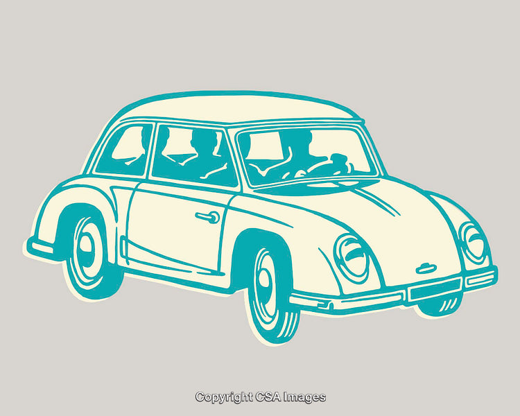 Vintage Car Line Art Illustration with Passengers in a Retro Style