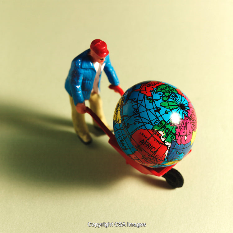 Miniature Figurine Moving Small Globe with a Wheelbarrow