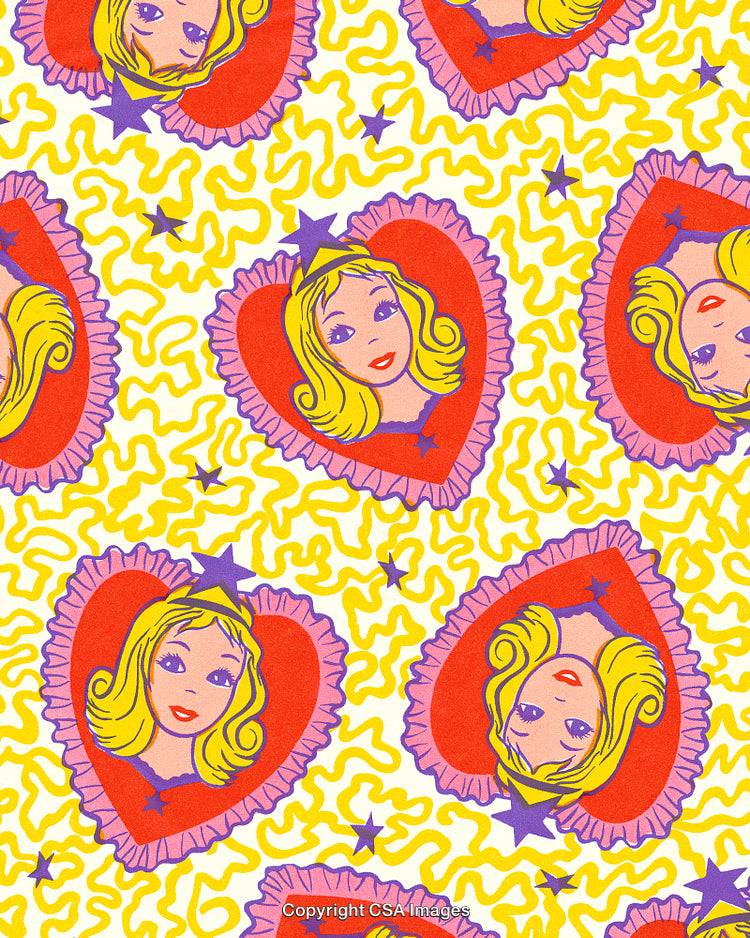Colorful Retro Pop Art Pattern with Female Faces in Heart Shapes