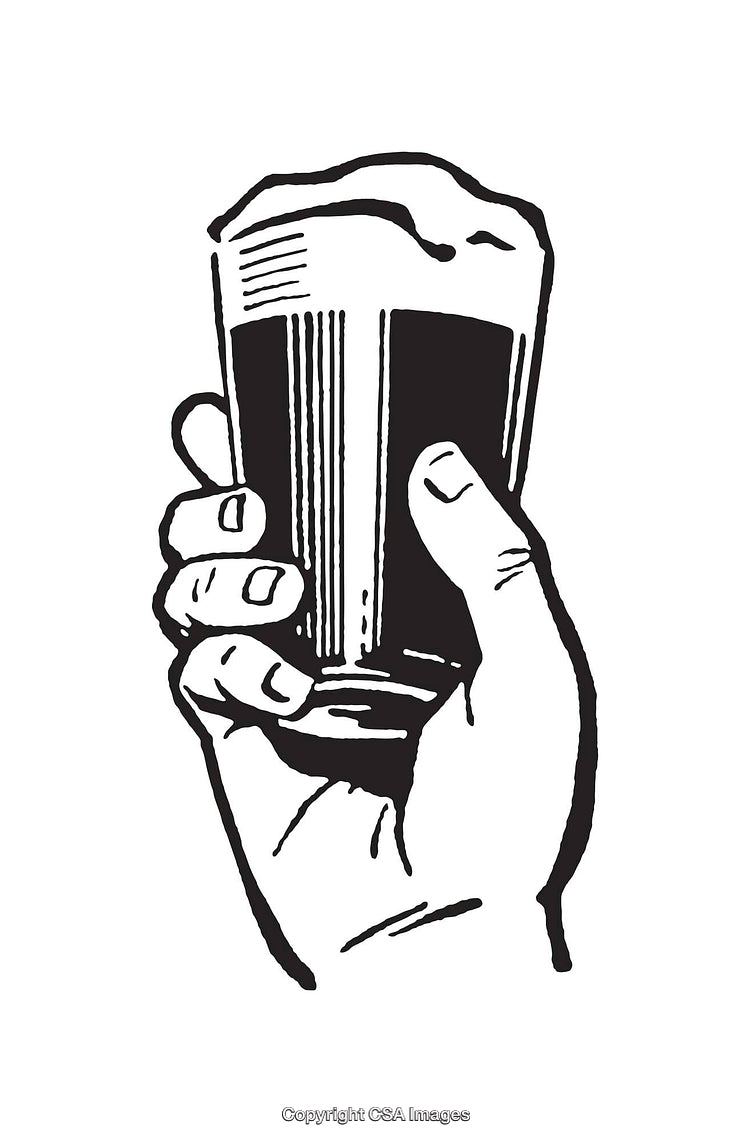 Black and White Line Art Illustration of a Raised Hand Holding a Glass