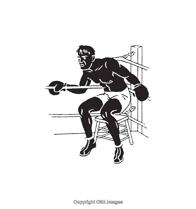 Black and White Line Art of a Boxer Resting in the Ring Corner