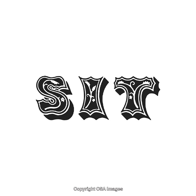 Decorative Vintage Font Spelling 'Sit' in Black and White Ornamental Style