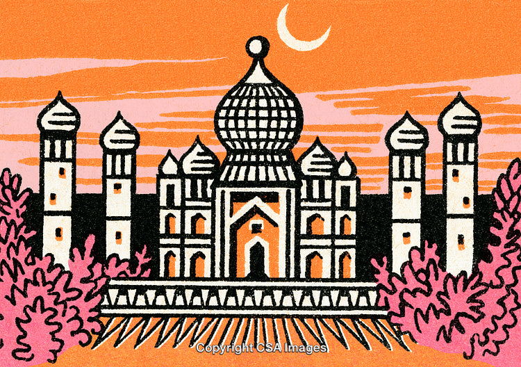Illustrated Representation of a Landmark at Sunset with Decorative Architecture