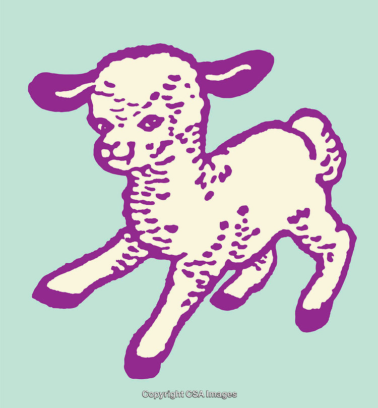 Whimsical Purple and Cream Lamb Illustration on Mint Background