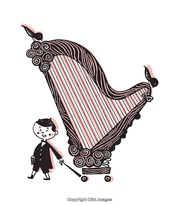 Whimsical Illustration of Boy and Oversized Harp on Cart