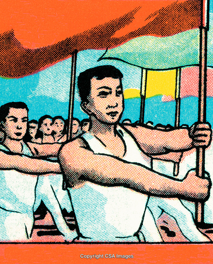 Illustration of a Group Parading with Red Flags Symbolizing Unity and Collective Effort