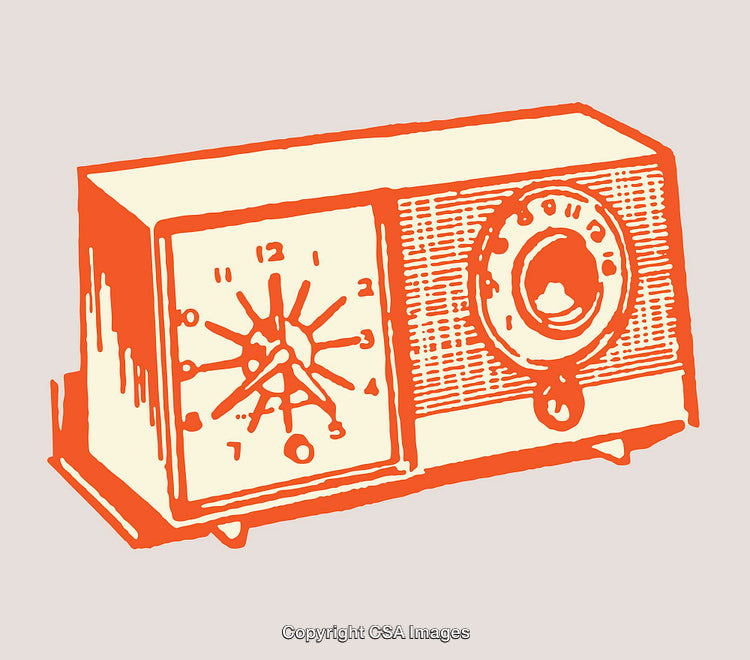 Vintage Clock and Radio in Retro Line Art Illustration