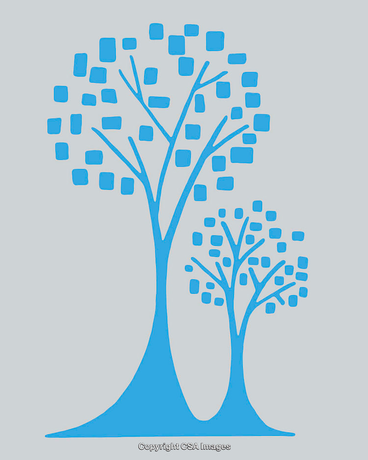 Blue Abstract Tree Illustration with Geometric Style Squares