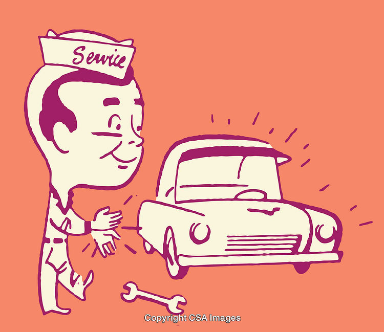 Retro Style Repairman with Vintage Car Illustration in Bold Colors