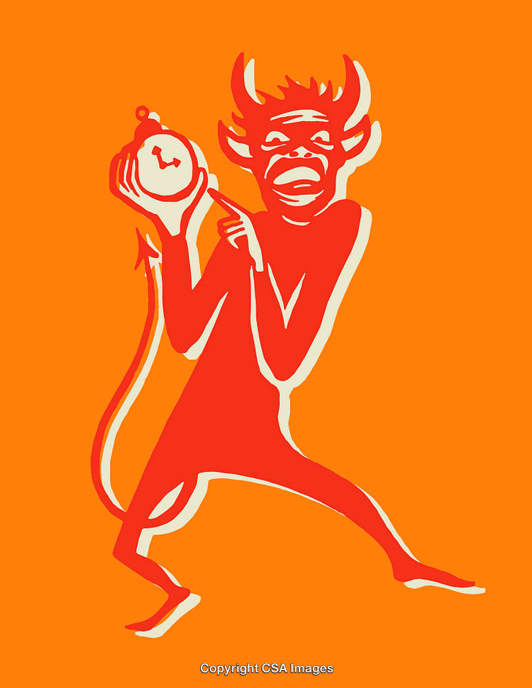 Playful Demon Character in Red Holding Clock on Orange Background