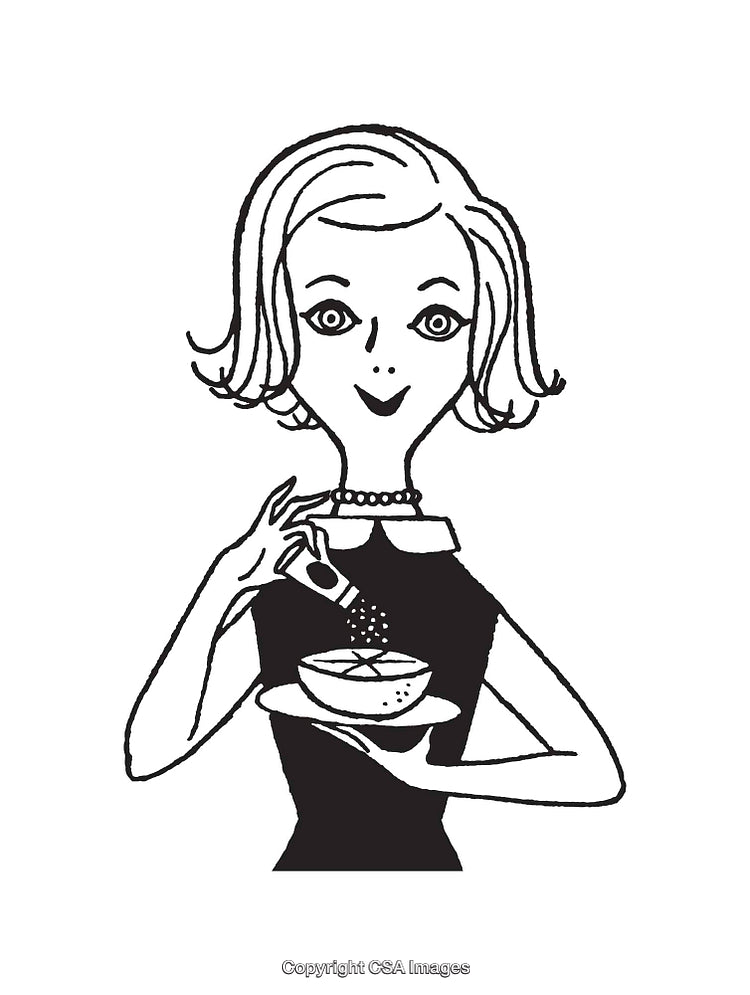 Retro Line Art Illustration of a Woman Preparing Citrus Dish