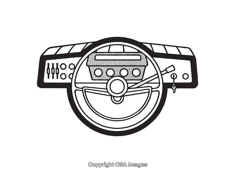 Black and White Line Art of Classic Car Steering Wheel and Dashboard