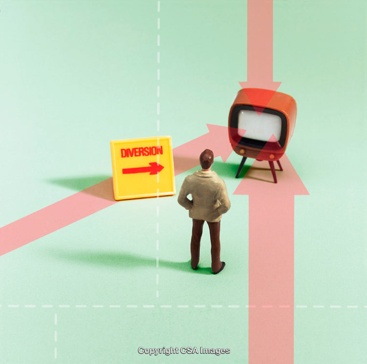 Miniature Figure Facing Television with Decision and Diversion Concept