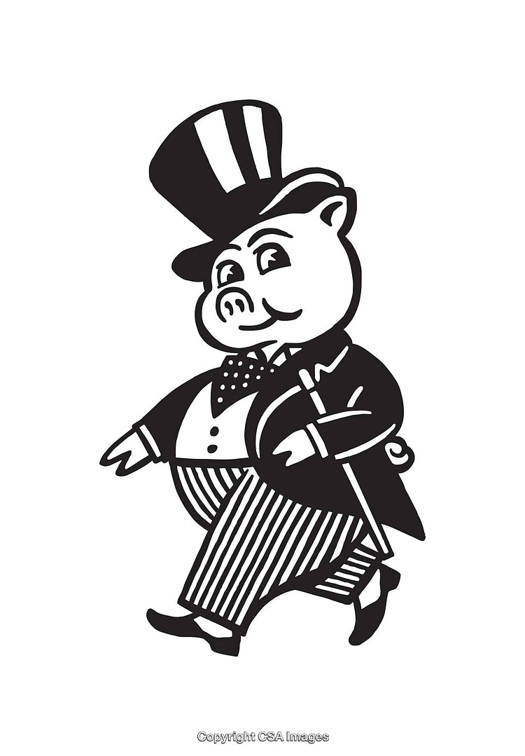 Anthropomorphic Pig Dressed Elegantly in a Black and White Illustration