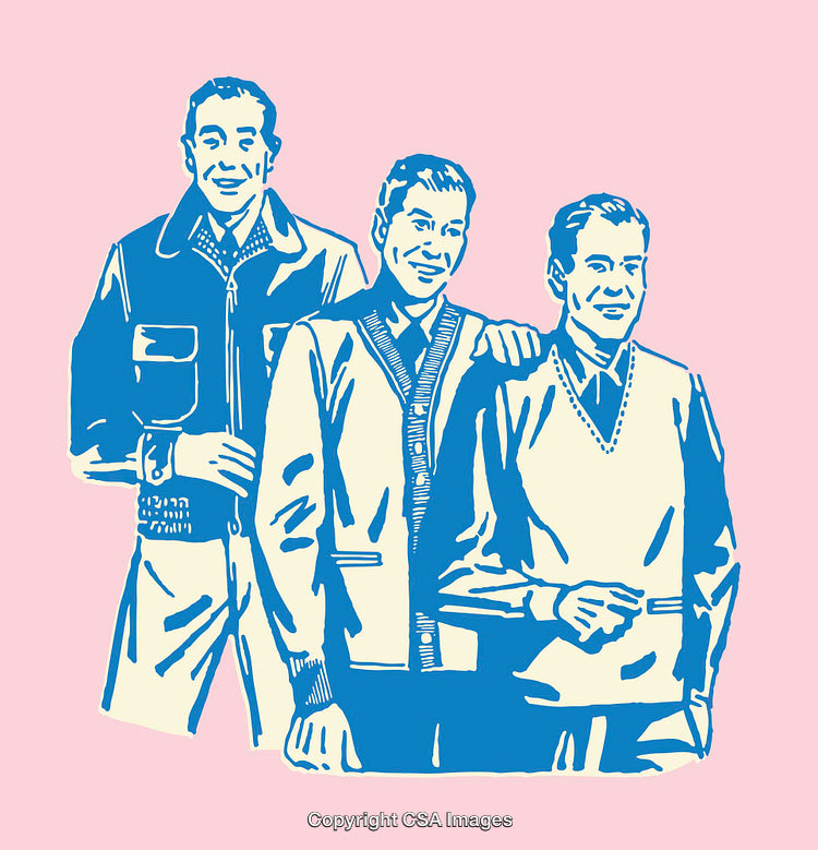 Retro Style Line Art of Three Men in Casual Clothing