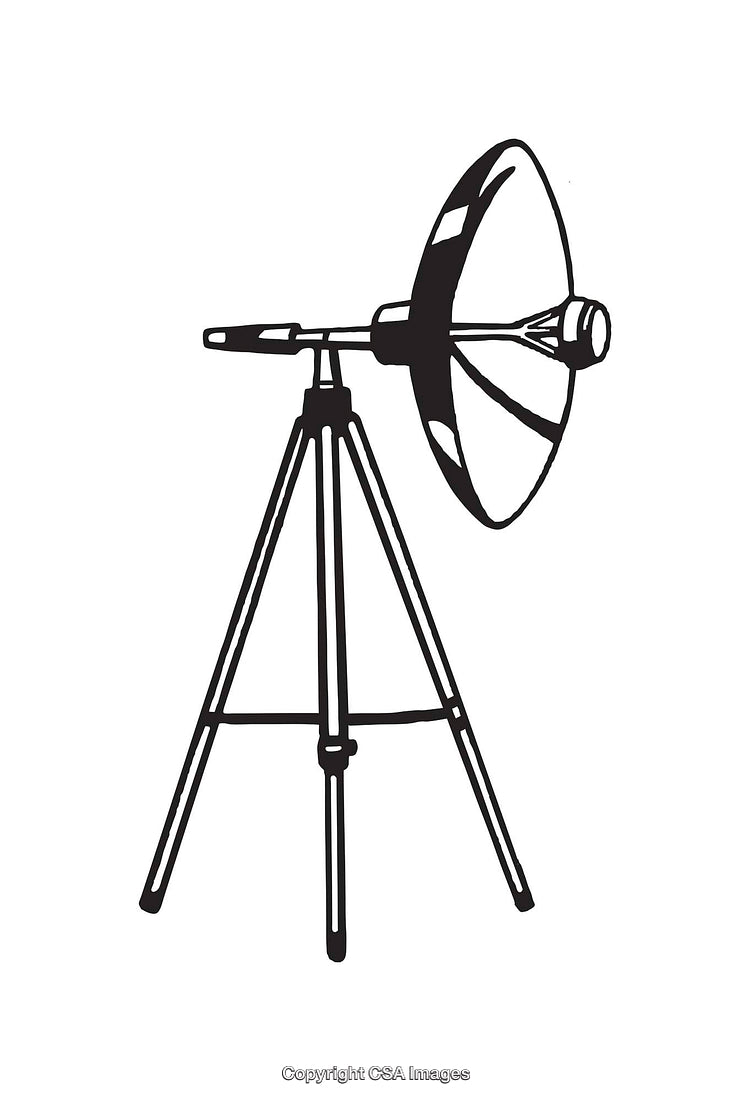 Black and White Illustration of a Tripod with a Parabolic Dish