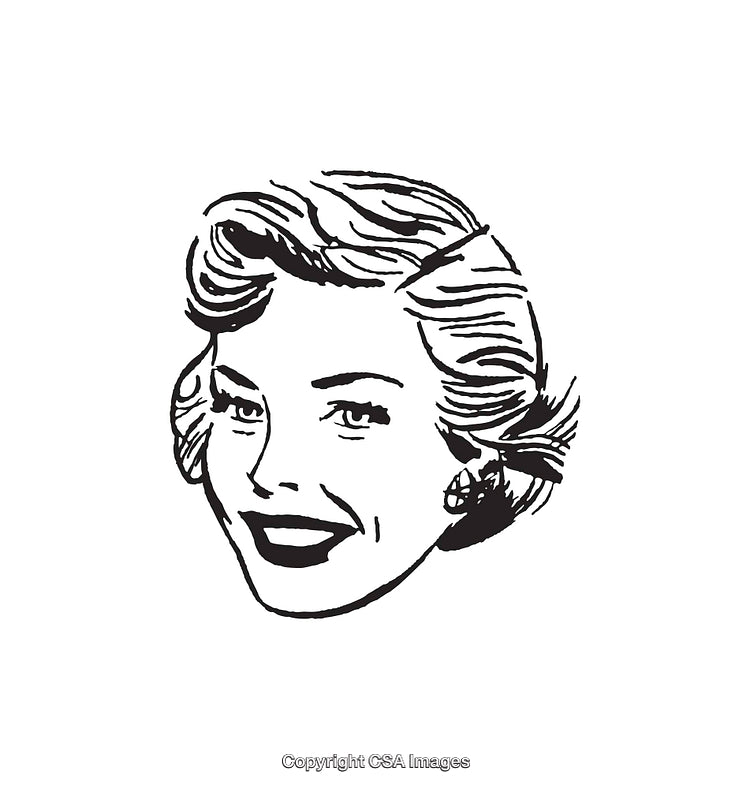 Vintage Black and White Art of Smiling Woman's Face in Retro Style