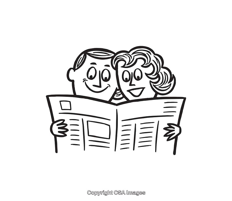 Retro Couple Reading a Newspaper Together in Line Art Illustration