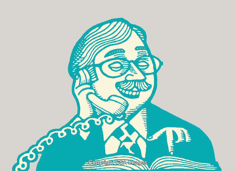 Colorful Illustration of Man on Telephone With Open Book in Front