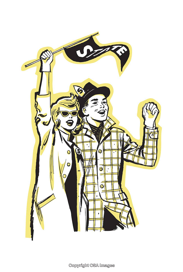 Vintage Illustration of Enthusiastic Protesters Holding a Flag