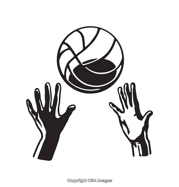 Black and White Line Art Illustration of Hands Reaching for a Basketball