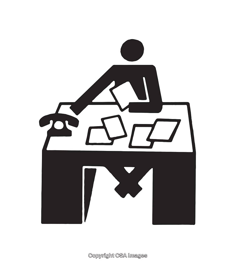 Black and White Illustration of a Desk Scene with Paperwork
