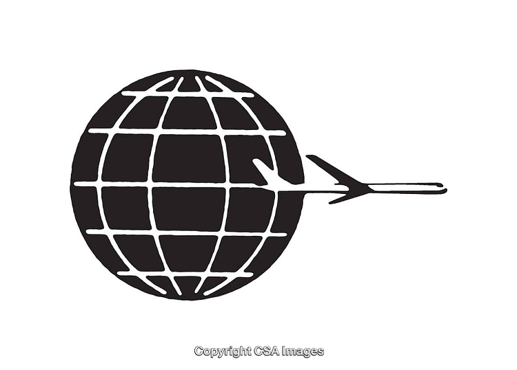Black and White Plane and Globe Travel Icon Artwork