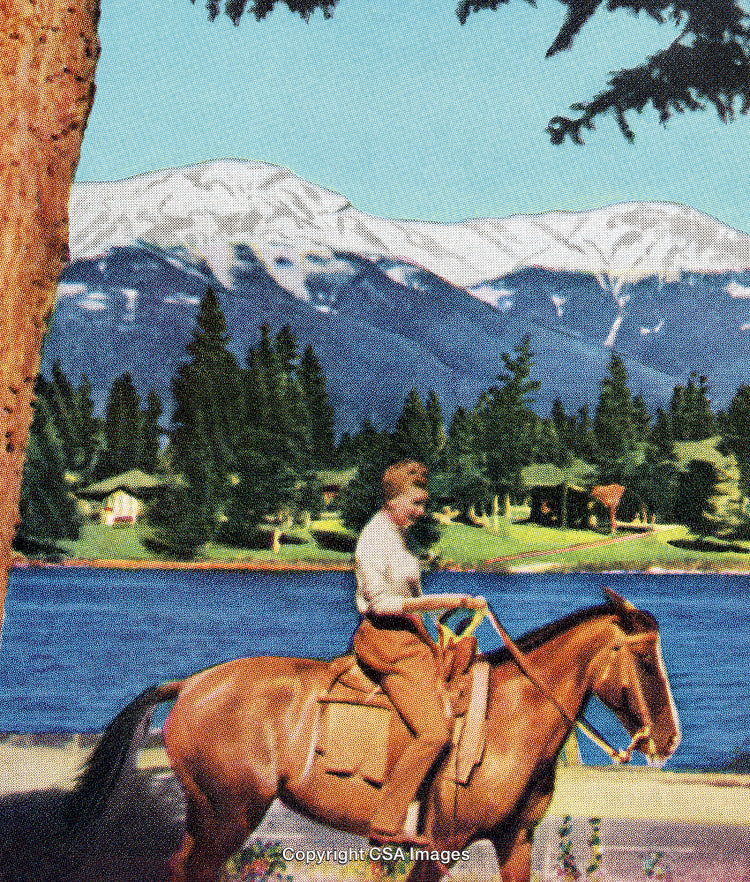 Man Riding Horse by Scenic River with Mountain Views