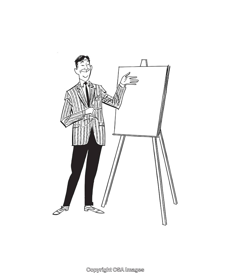 Vintage Style Line Art Illustration of a Man Presenting a Board